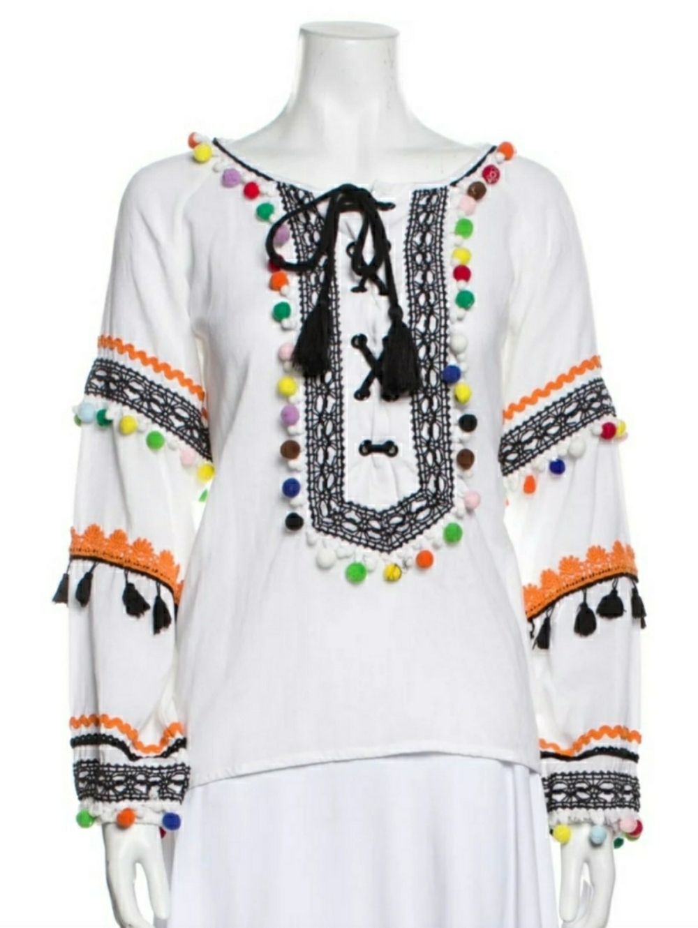 Dodo bar Yehoray White Cotton Blouse Top Multicolored Pom Poms Summer Beach